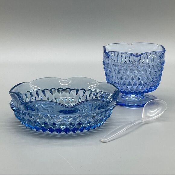 Vintage Indiana Glass Diamond Point Mayo Sauce Set Regal Blue - Picture 8 of 10